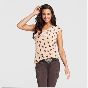 CAbi 981 Ruffle Beige Leaf Print Top Sheer Cap